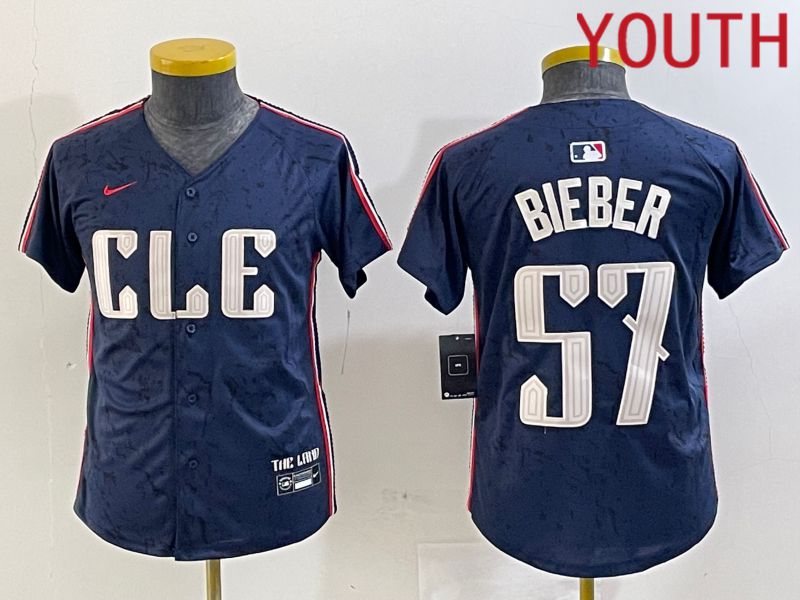 Youth Cleveland Indians #57 Bieber Blue City Edition Nike 2024 MLB Jersey style 1